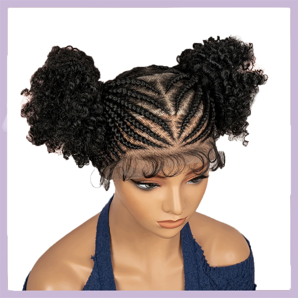 Afro Cornrow Braided Wigs for Black Women 360 full Lace Twin Buns Braiding Hair Wig 6 Inches Short Afro Curly Wig