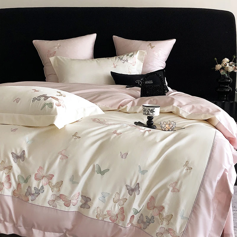 Luxury Pink White Butterfly Embroidery Egyptian Cotton Bedding Set, Duvet Cover, Linen Fitted Sheet, Pillowcases, Home Textile