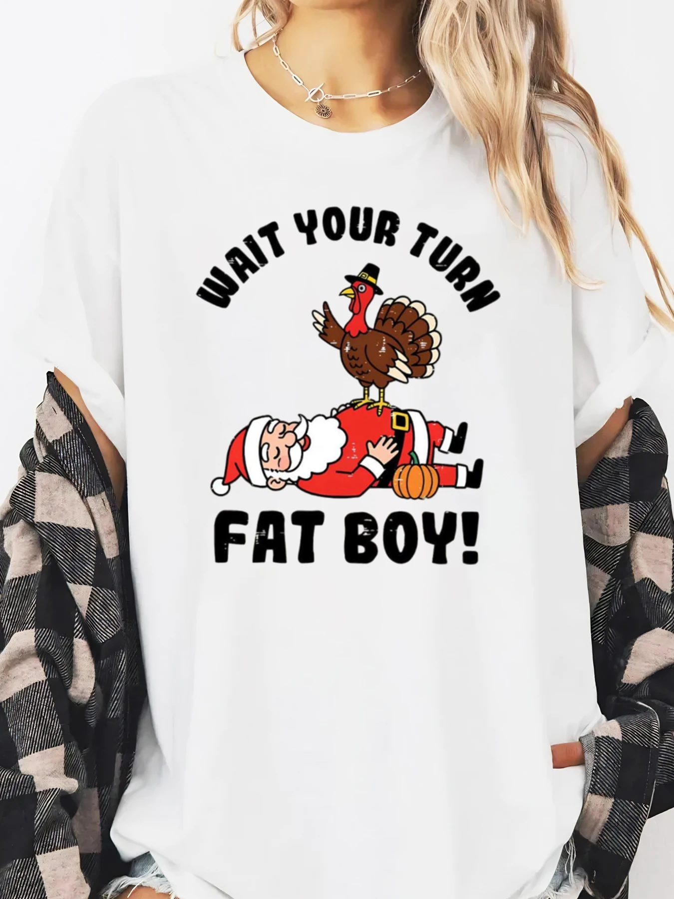 تركيا سانتا انتظر بدوره فات بوي عيد الميلاد طباعة طويلة الأكمام تي شيرت المرأة عادية عطلة حفلة بيضاء حجم كبير #1