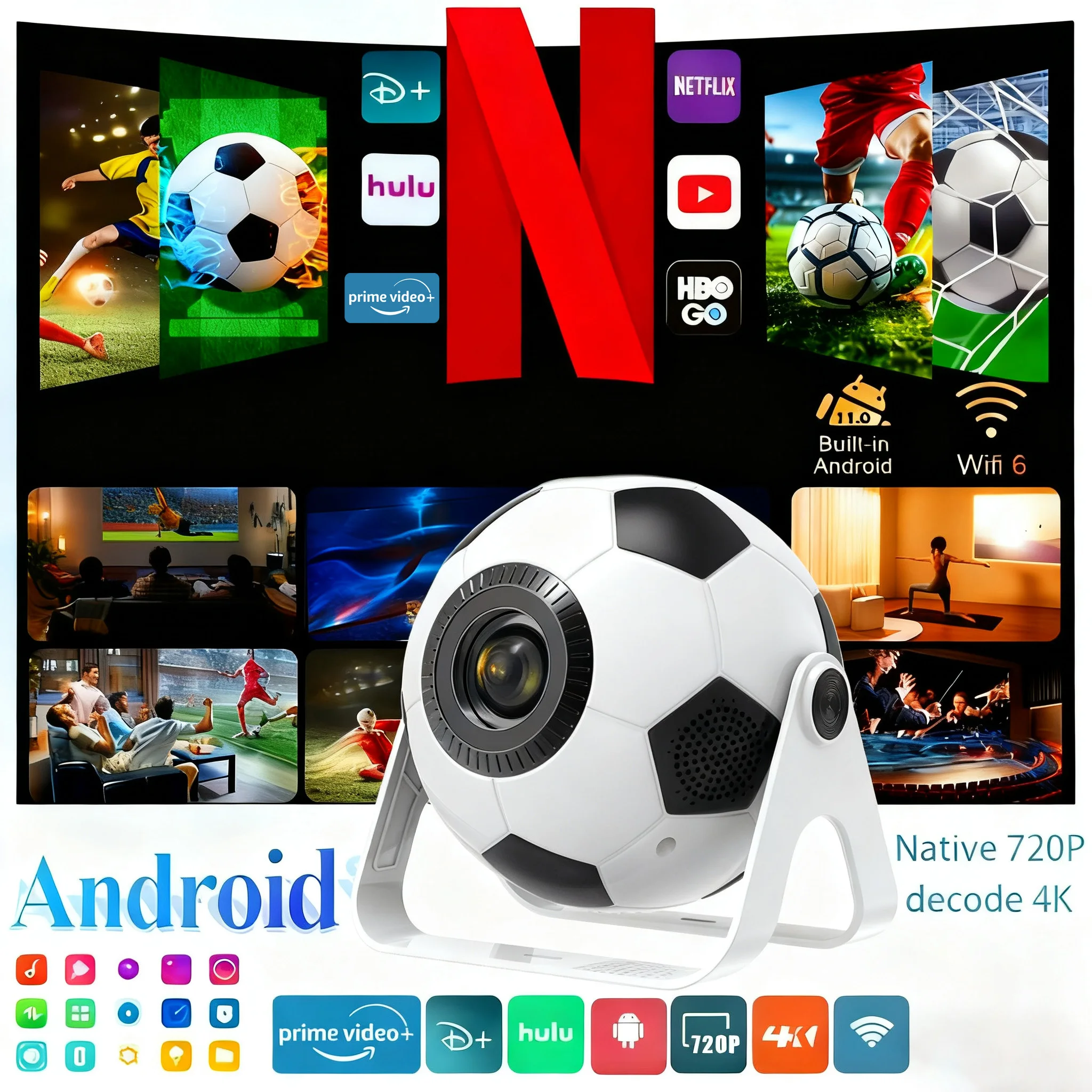Soccer-Shaped Smart Projector | Android 11 + WiFi 6 4K Decoding, A Trendy Audio-Visual Choice for Sports Enthusiasts