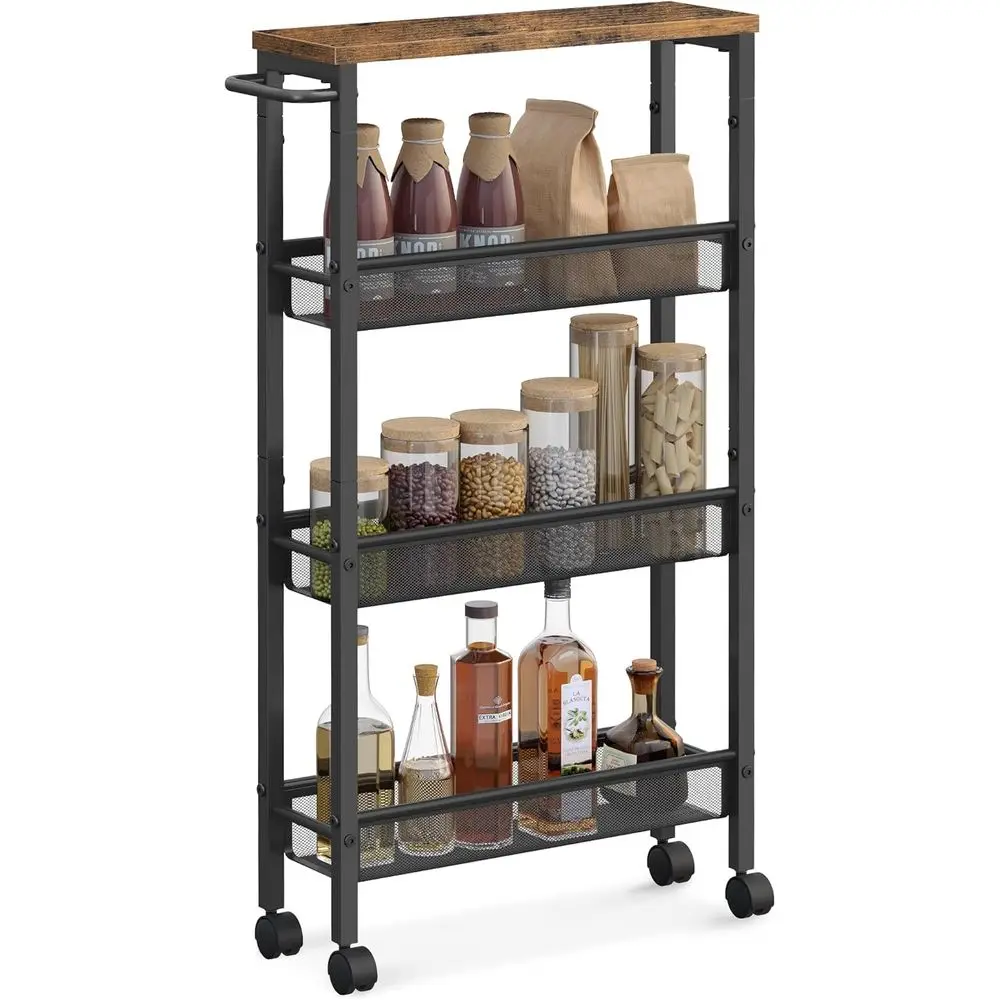 

Slim Rolling Cart, 4-Tier Narrow Storage Cart with Handle, 5.1 Inches Deep, Metal e, or Kitchen, Dining Room, Living Room, Home