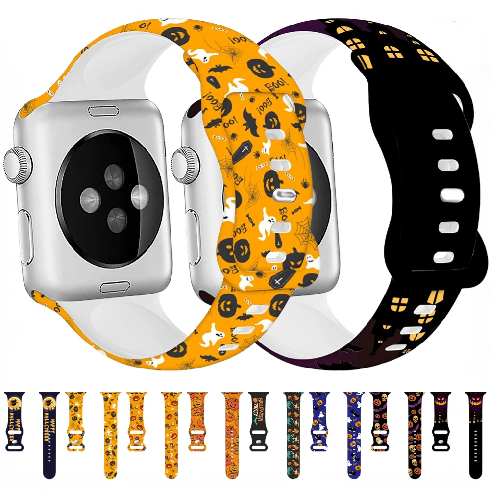 

Halloween Silicone Strap for Apple Watch UItra 8 7 6 5 4 SE Sports Printed Wristband for iWatch 49mm 45mm 44mm 42 38mm 41mm 40mm