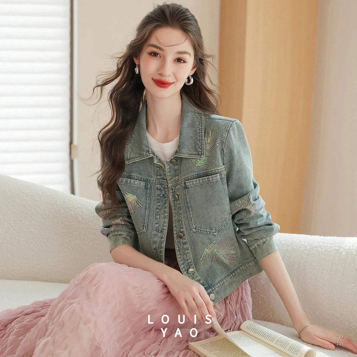 

LOUISYAO Collar Denim Coat Fashion Simple Jeans Jackets 2025 Autumn Feather Embroidery Design Denim Women's Cardigan Top