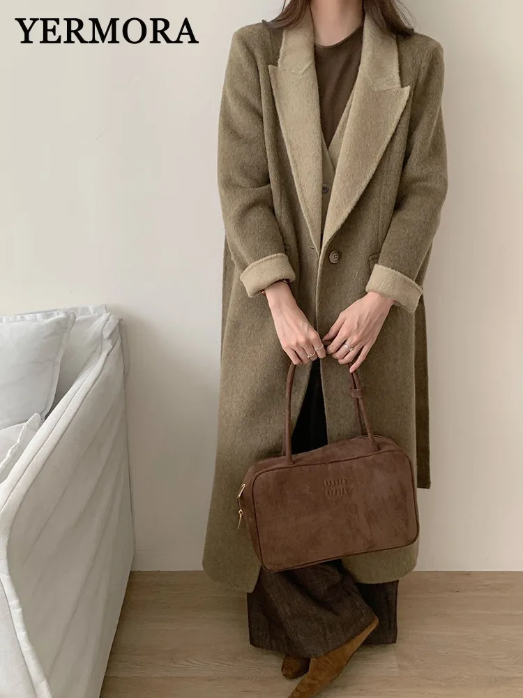 

YERMORA Green Fake Two Pieces Wool Long Blazer For Women Lapel Loose New Warm Overcoat Fashion Tide Autumn Winter 2025