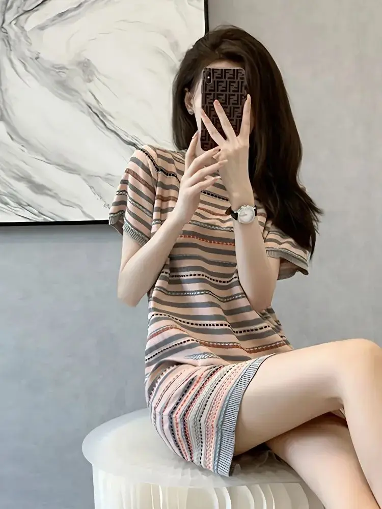 

French women summer contrasting ice silk knitted round neck thin straight striped versatile loose dress