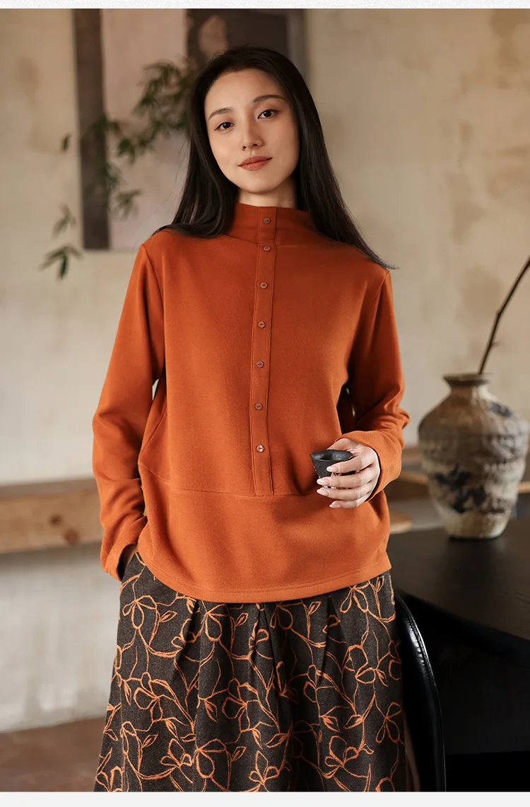 

Women's Winter Silk-Warm Ginger-Fleece Hoodie Women's Thermal Half-High Neck Base Layer Soft Style Chinese-Inspired Top