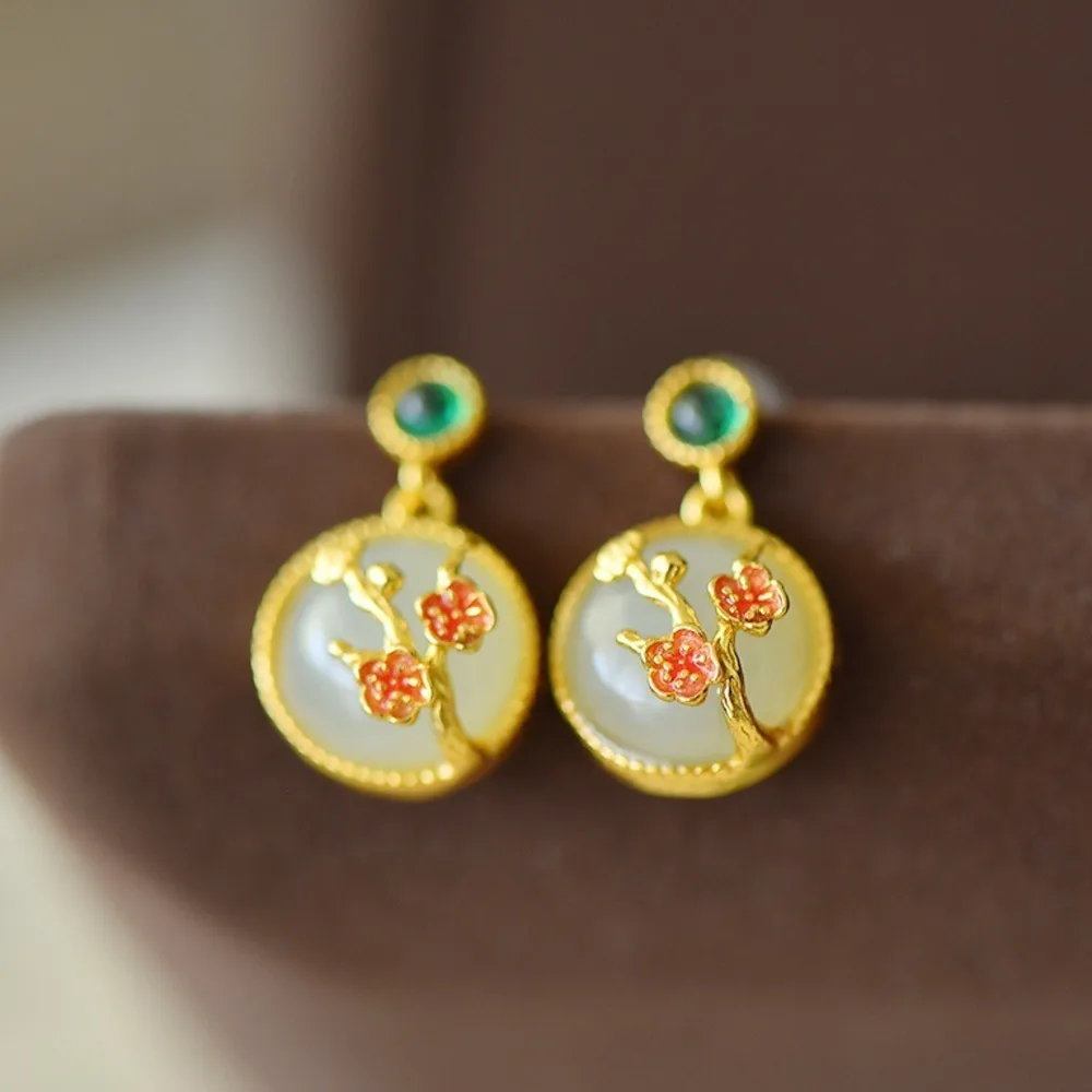 

GL Imperial Retro Style Hetian Jade Earrings, 925 Sterling Silver, Jade and Enamel Plum Blossom White Jade Studs