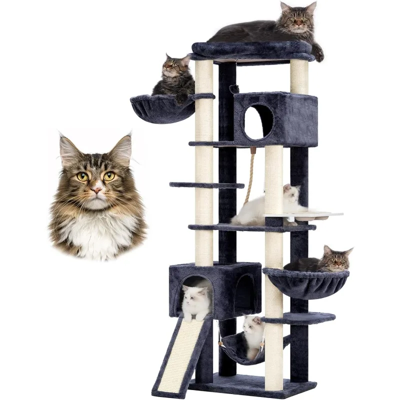 70.8 Inches Multi-Level Cat Tree Tower for Large , Heavy Duty Tower with Cat Condo,Baskets, Big Hammock and Food Bowls