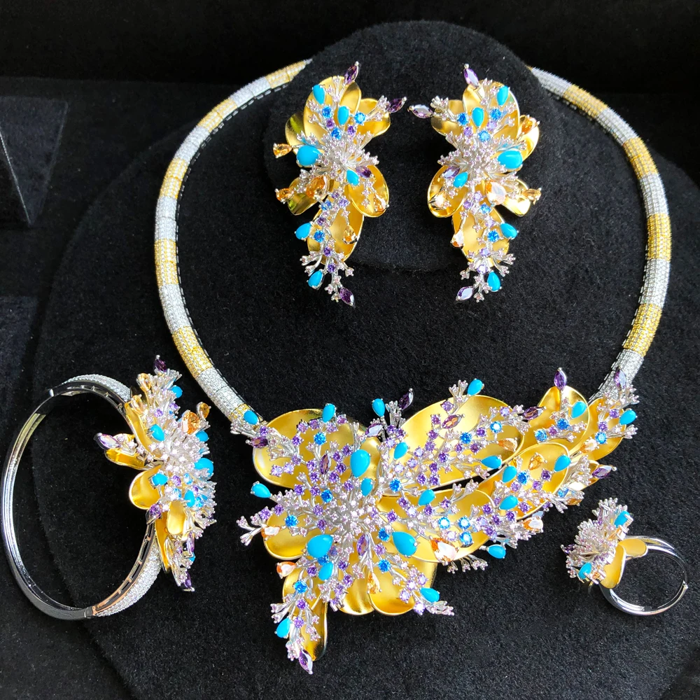 

GODKI Trendy 4PCS Luxury Turquoise Statement Jewelry sets For Women Wedding Cubic Zircon Indian African Dubai Bridal Necklace