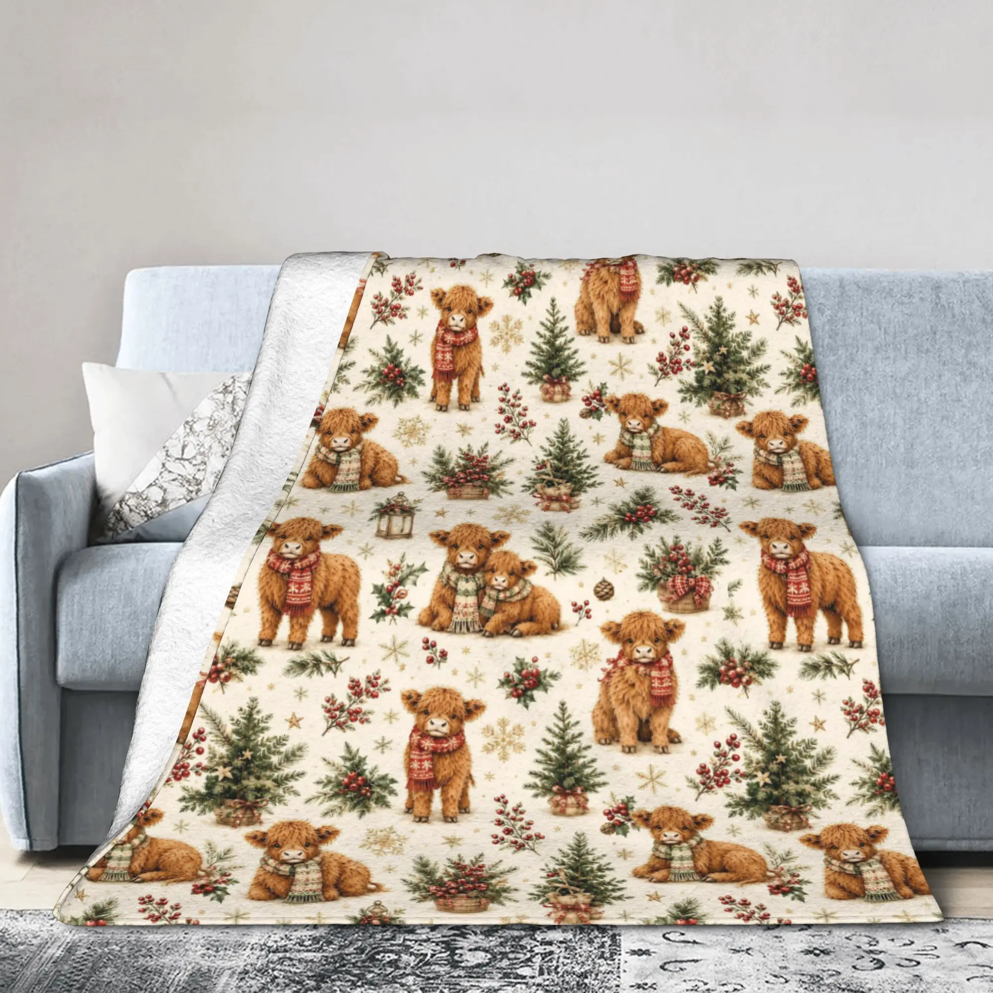 Highland Cow Christmas Flannel Blankets  Awesome Throw Blankets for  Sofa Bedding Lounge 150*125cm Bedspread