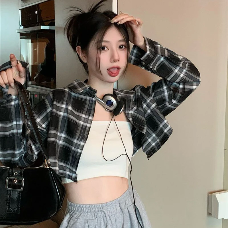 Plaid Shirt Women Blue Loose Casual Turn Down Collar Long Sleeve Blouse Korean Fashion All Match Crop Top Ladies New