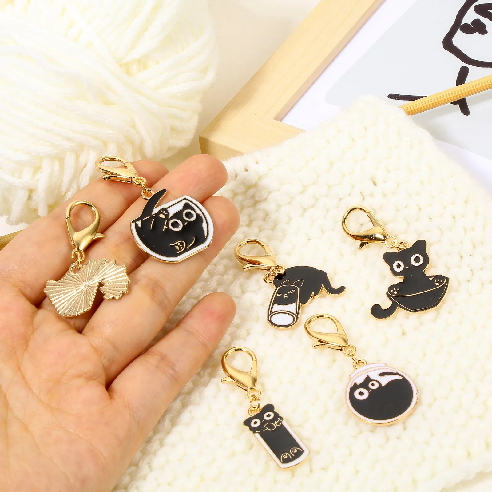 1 Set ( 6 PCs/Set) Zinc Based Alloy & Iron Based Alloy Knitting Stitch Markers Black Cat Animal Crochet Latch For DIY Craft Tool