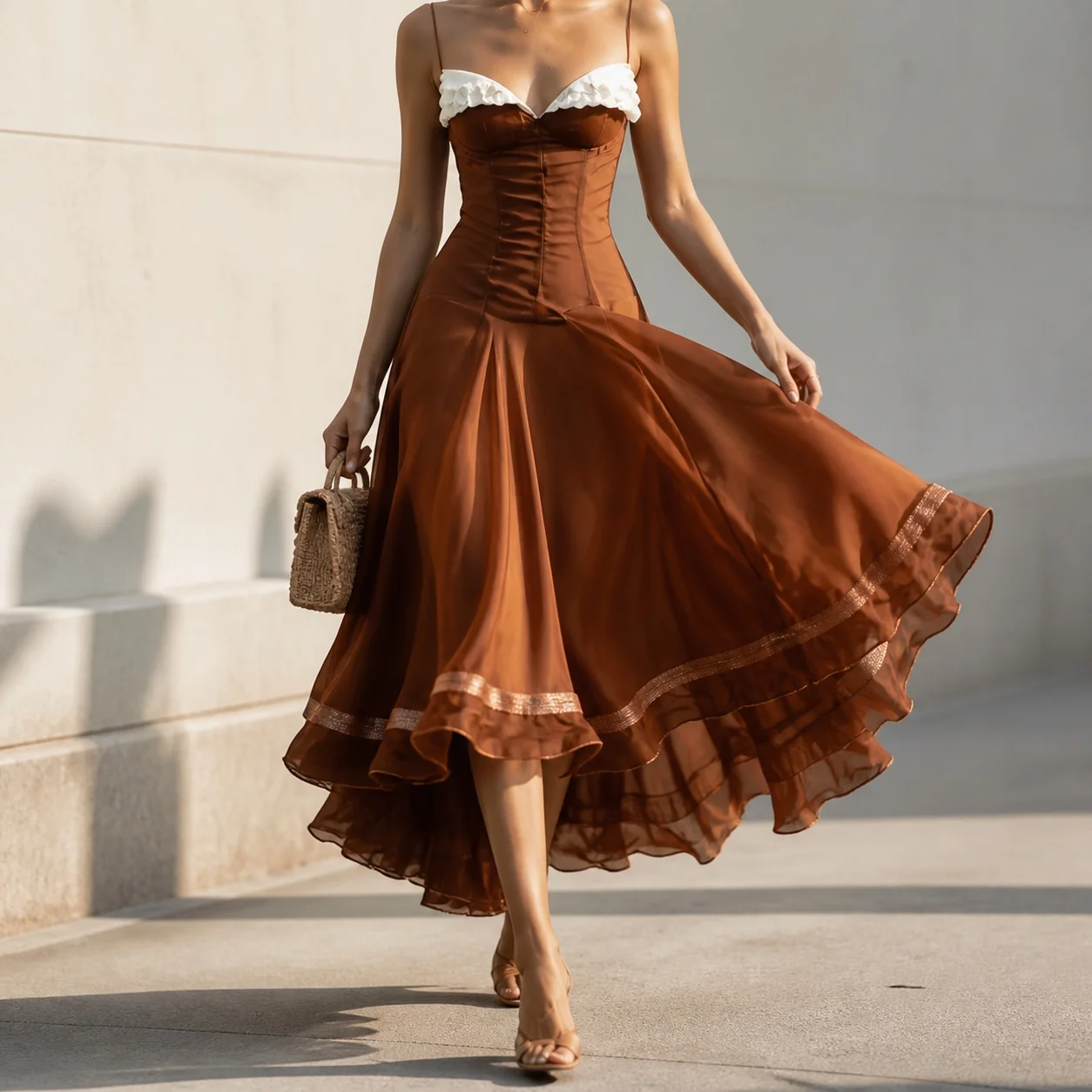 Patchwork V Neck Gown Fitted Waist Elegant with Built in Bra Padding Party Dress Summer Travel Dance Collarless for Women