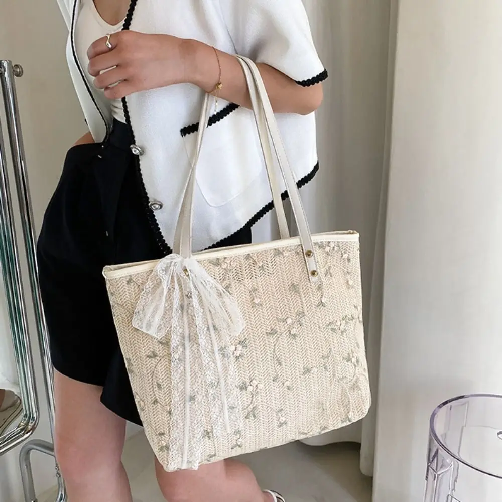 

Модная соломенная тканая сумка большой емкости, портативная пляжная сумка ручной работы, кружевная большая сумка, женская сумка