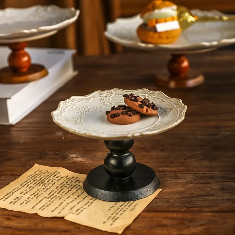 HT French Embossed Dessert Tray Ceramic Wooden Tall Fruit Tray Refreshments Saucers Snacks Storage