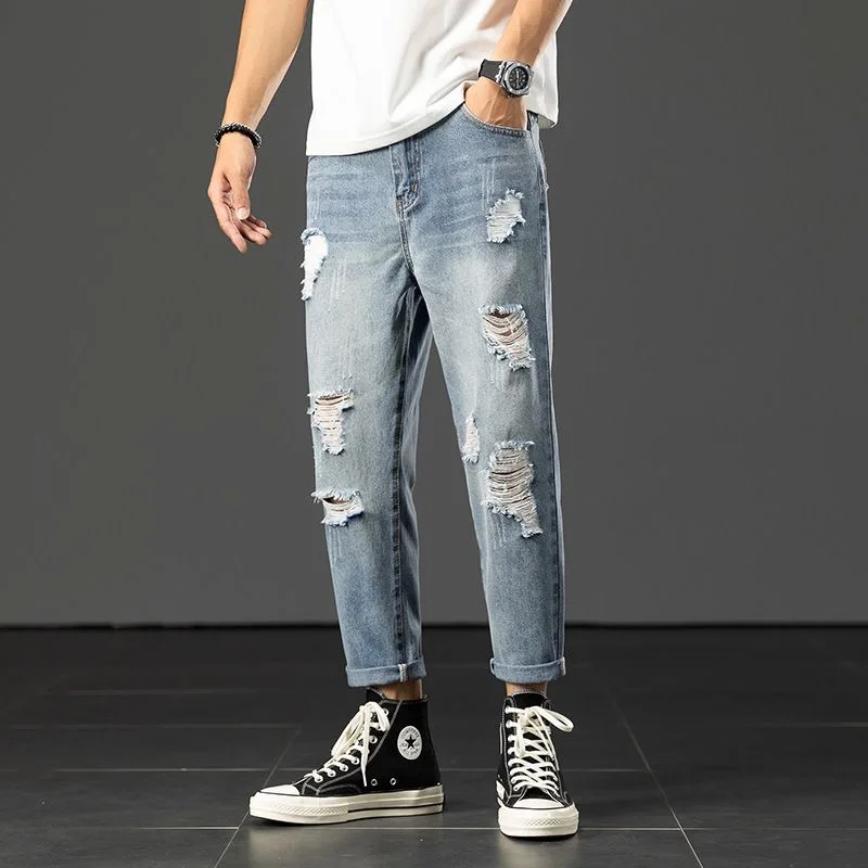 2024 Spring/Summer New Fashion Blue Ripped Jeans Men's Casual Relaxed Comfortable Breathable High-Quality Plus-Size Pants 28-38