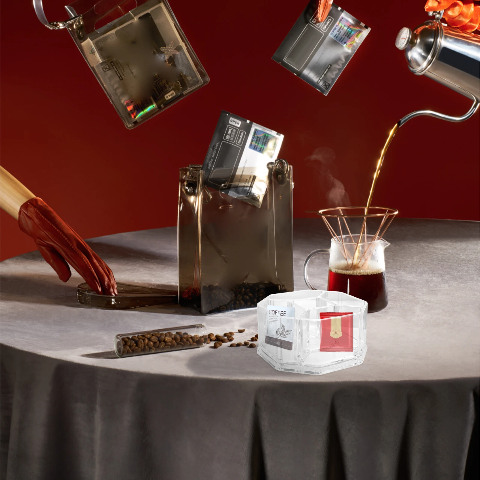 

1pc Tea Bag Storage Box Sugar Container 5 Grids Transparent Household Organizer For Home Coffee Shop Use Acrylic Desktop