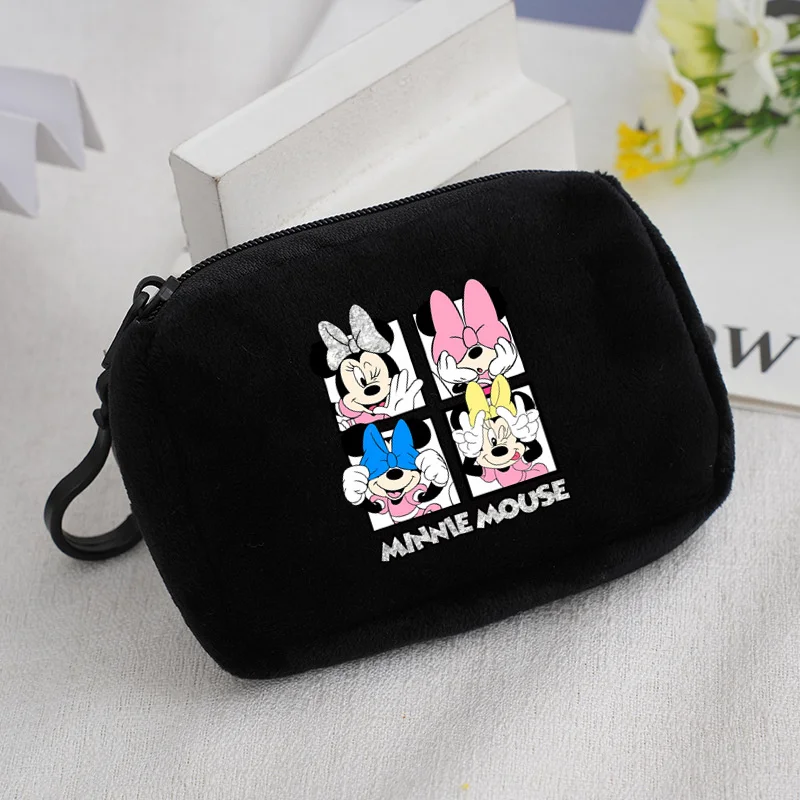 Disney Mickey MouseSolid Color Plush Cute Coin Purse Women's Cute Wallet ID Card Bag Keychain Coin Bag Kawaii Wallets for Ladies