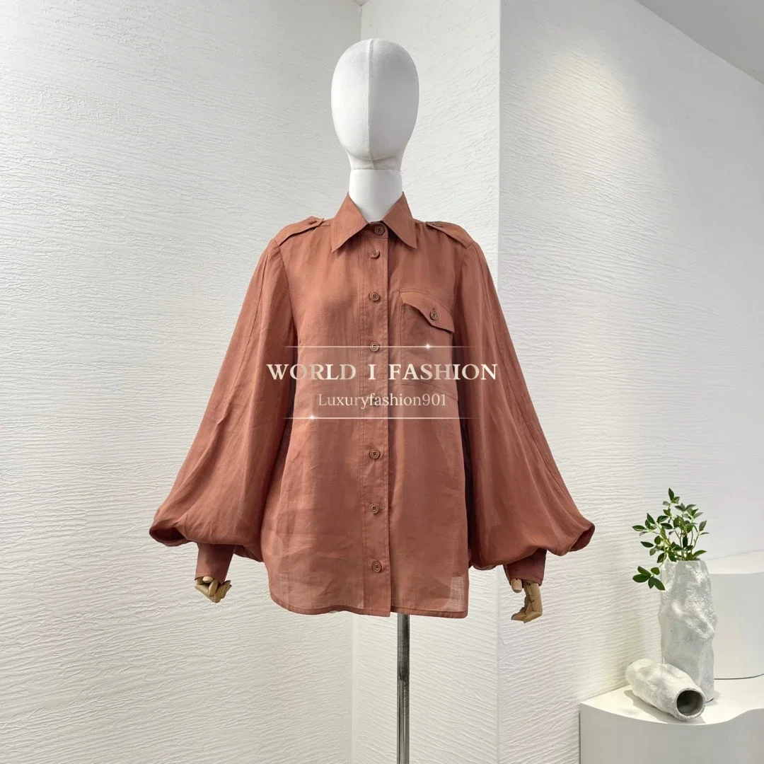 

Turn Down Collar Blouse Tops 2025 New Fashion Red Long Sleeve Linen