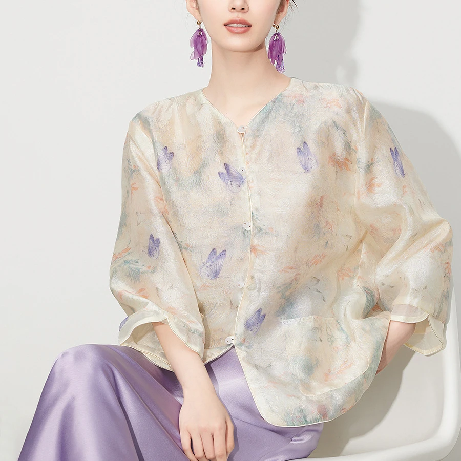 Chinese Style Shirt Butterfly Print Chiffon Long Sleeve Coat Woman 2026 Spring Summer New Sunscreen Cardigan Loose Hanfu Top