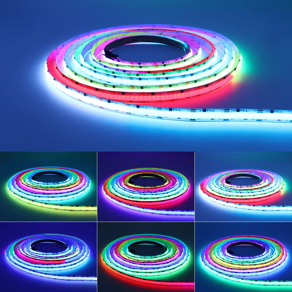 Imagem -03 - Rgb Cob Led Strip para Decoração da Casa Fita Led Endereçável Cor dos Sonhos Branco Preto Pcb Fob Fita 5m 720leds 12v 24v