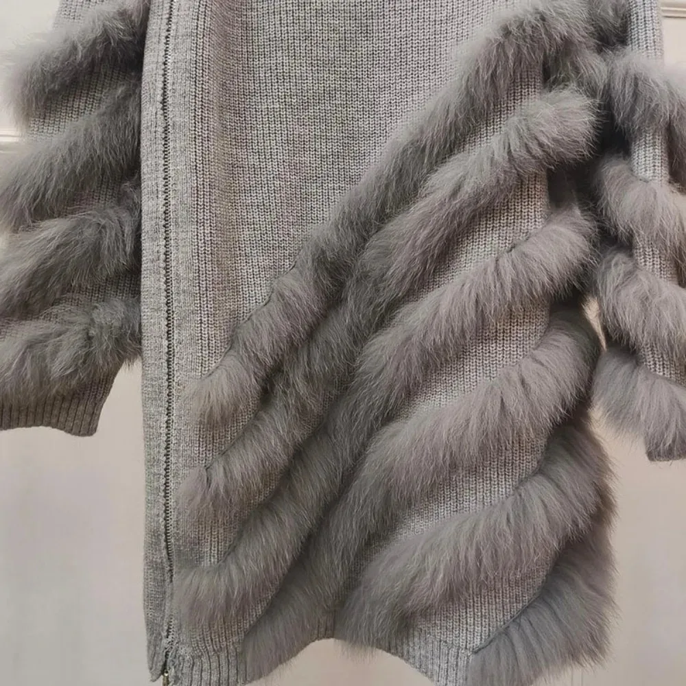 2024 Sweater Real Fox Fur Lady Fashion Knitted Cardigan Women High Collar Solid Color Pullover Sweater Women Wool Winter Warm