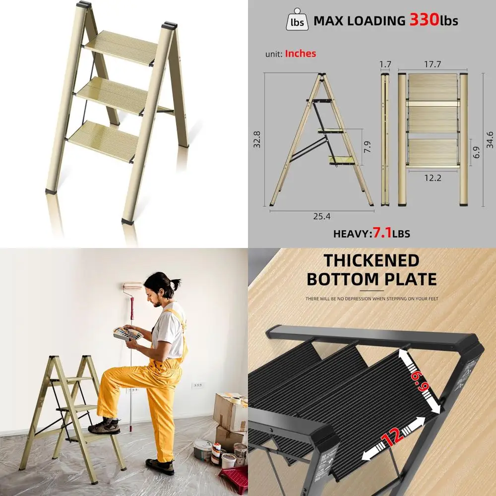 سلم بثلاث خطوات، مقعد سلم قابل للطي، معالجة أوسع غير قابلة للانزلاق، سلم محمول خفيف الوزن للمنزل والمطبخ، يحمل