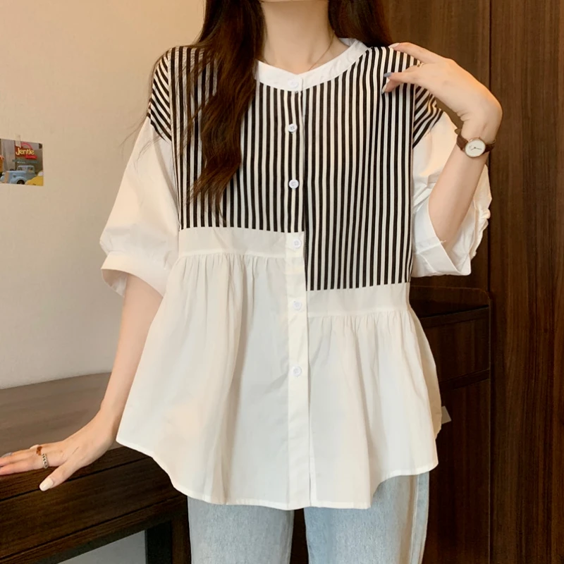 

Summer Asymmetric Striped Top Loose Fit Asian Inspired Short Sleeve Blouse For Women Tummy Control Slimming Design