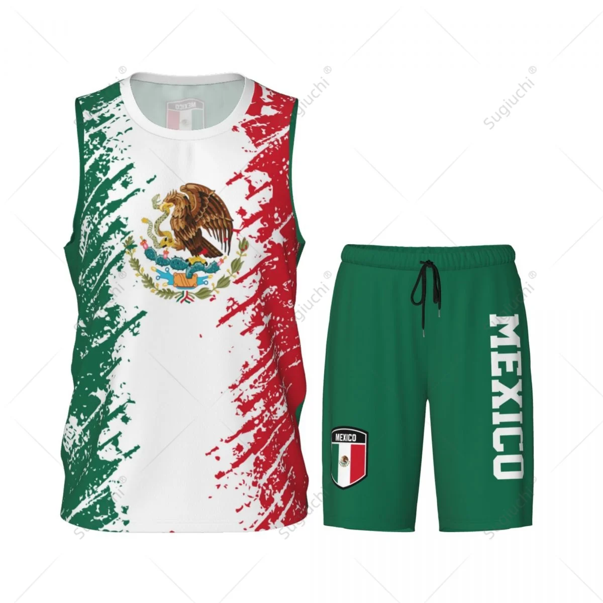 Basquete Jersey Set para homens, Team-up México Bandeira grão, camisa sem mangas e calças, nome personalizado, Nunber Exclusivo