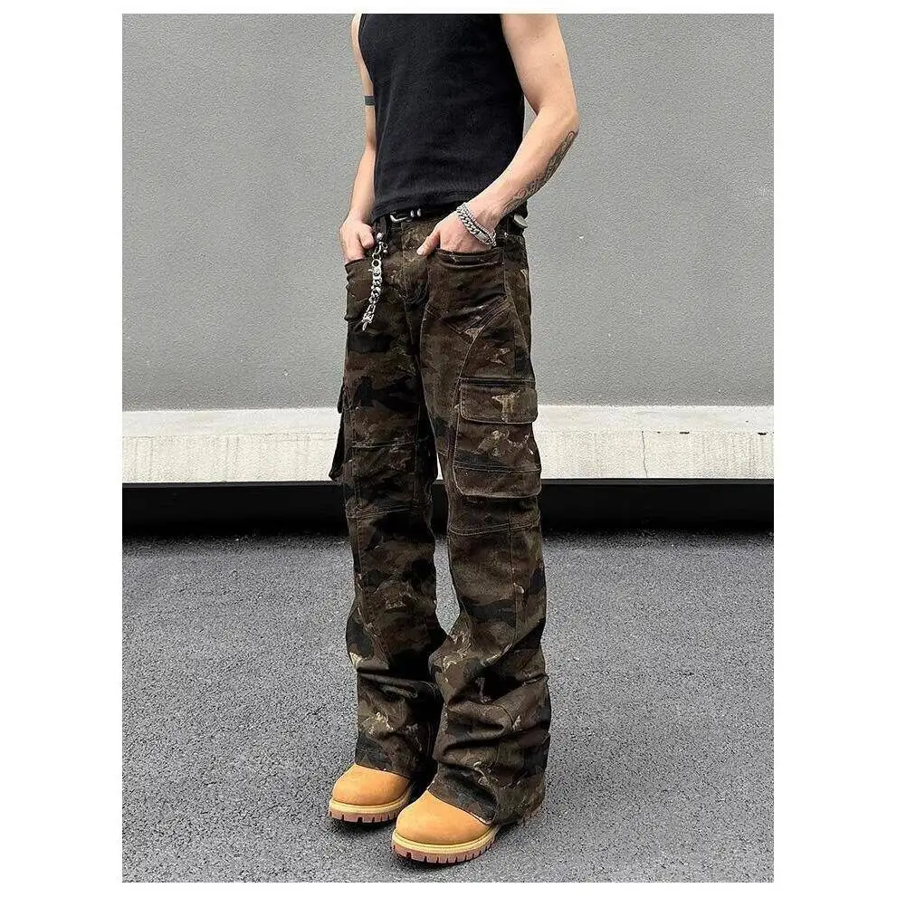 

Retro American Camouflage Work Pants Autumn Winter New Style High Street Loose Straight Leg Multi Pocket Fashionable Jeans