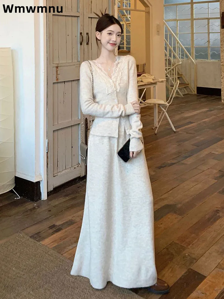 

Elegant Lace Knitted 2 Piece Set Outfits Korean Fashion Warm Long Sleeved Conjuntos Slim Women's Casual Skirt Sweater Ensembles