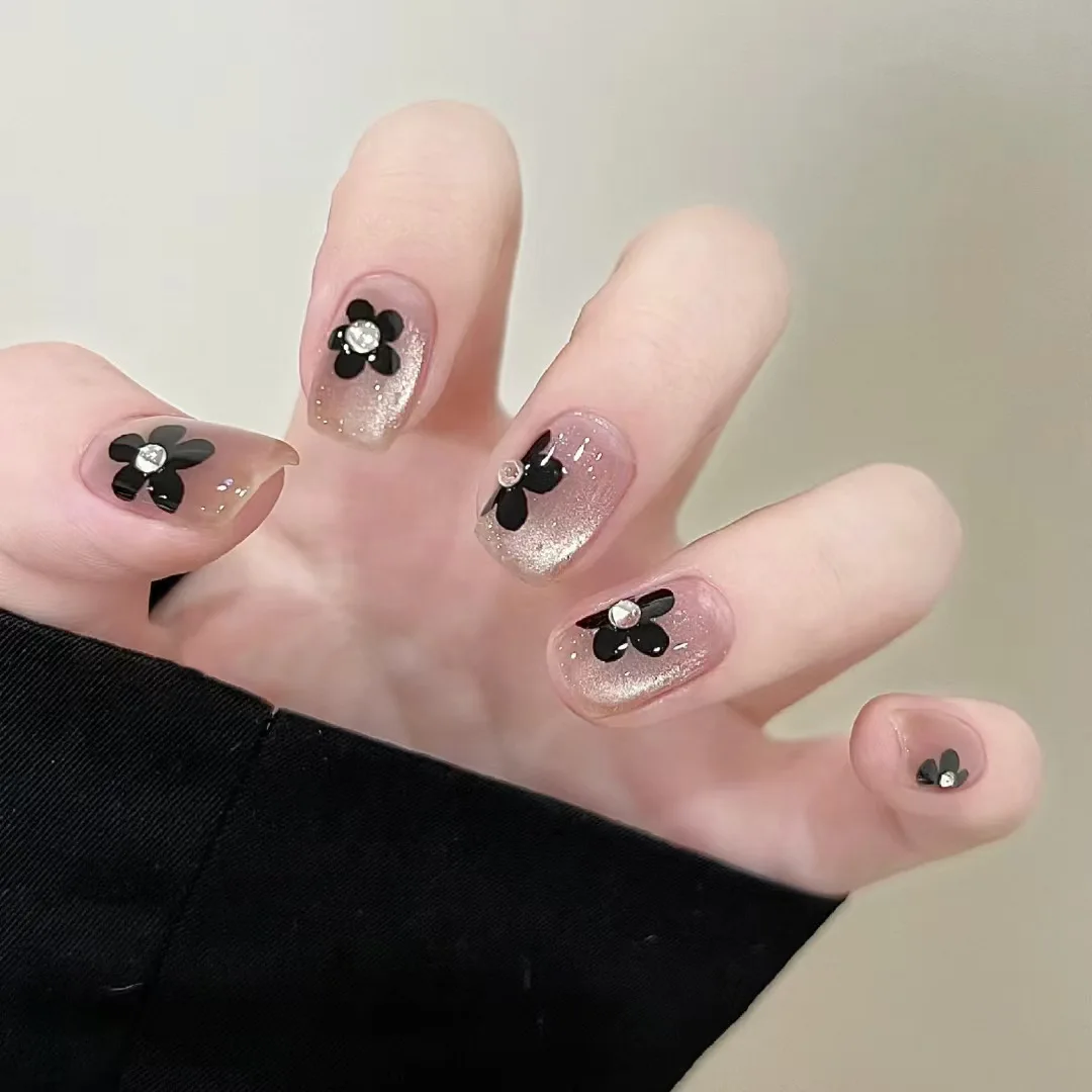 

popular black flower broken diamond cat eye short nail art sticker wearing nail sweet and cool girl fake nail piece