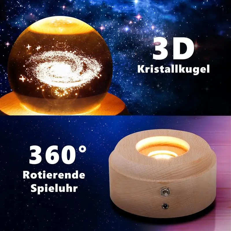 USB Rechargeable Music Night Light Rotary Crystal Music Box LED Projection Light Wooden Base Universe Moon Galaxy Earth Patterns