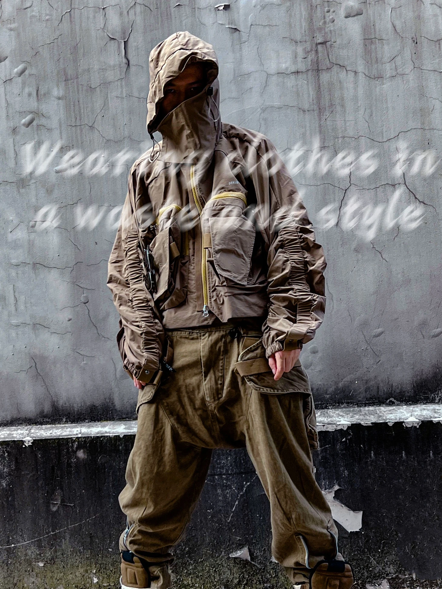 Short Coat Special Pleated Long Sleeve Trendy Functional Waste Soil Style Three-Dimensional Collar Hooded Men's Jacket Handsome