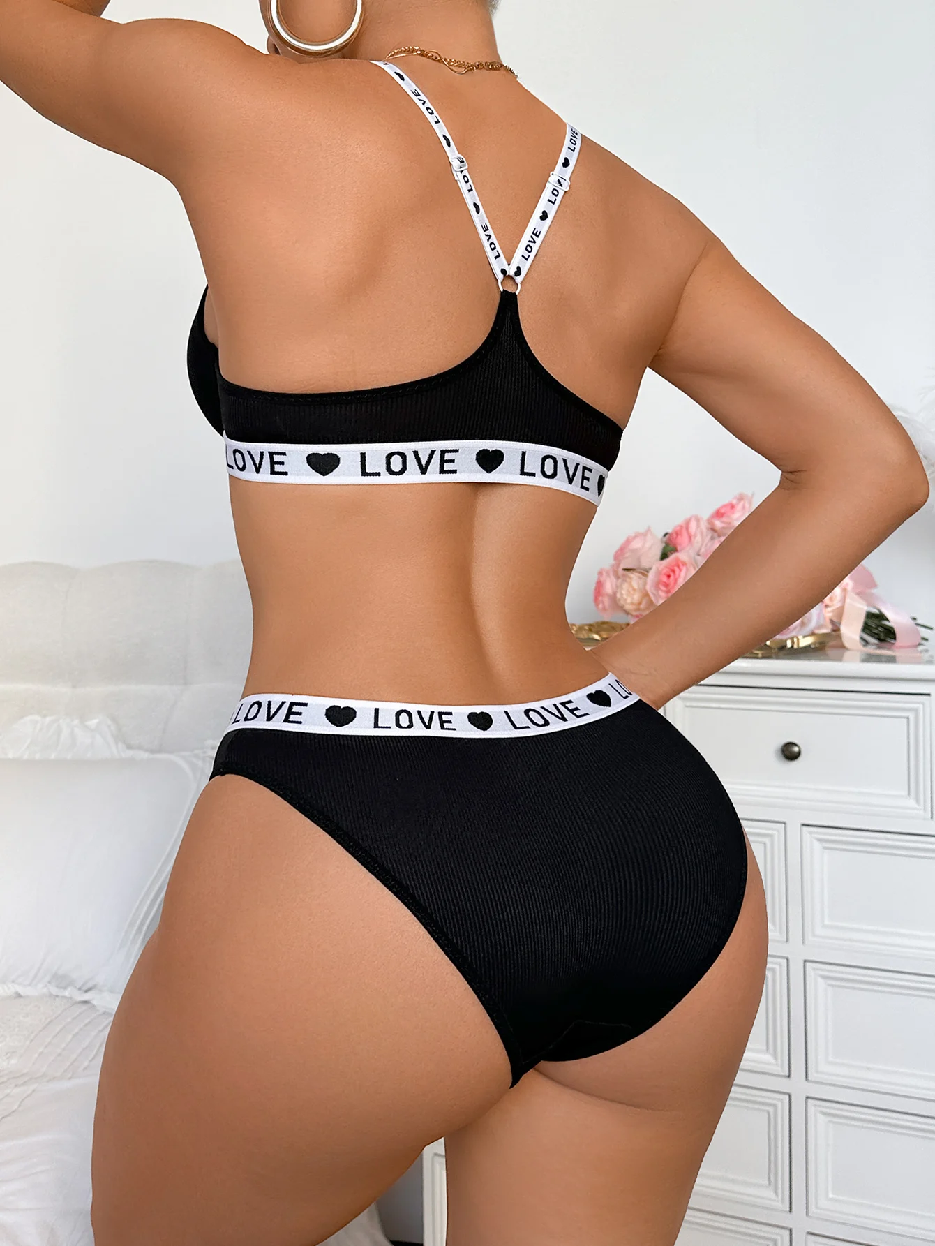 Letter strap Women's underwear set with Push up and Rib Knit underwire Women Bra Panties Letter Comfort lingerie set - Image 2