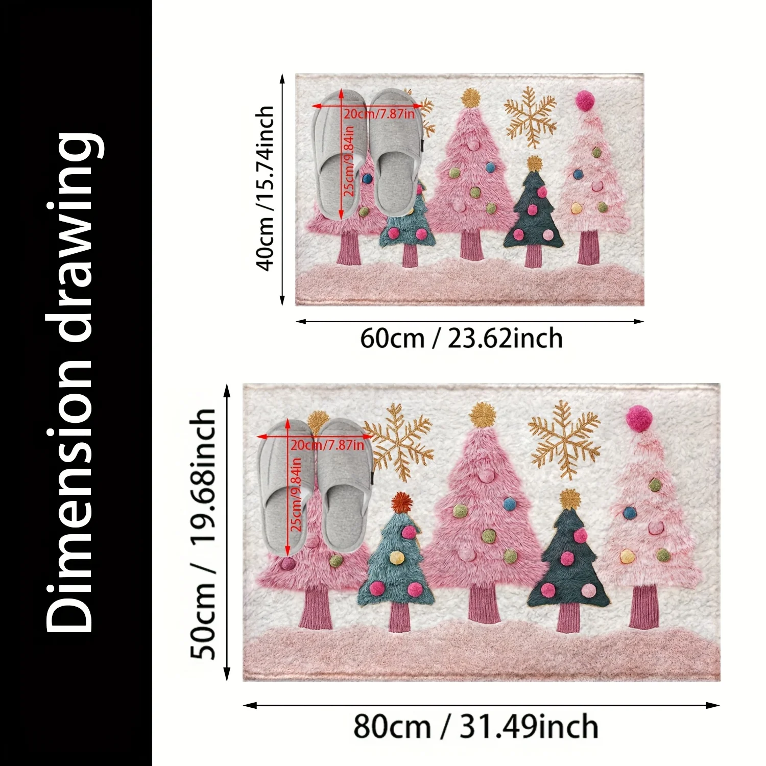 VIKAMA Pink Fluffy Christmas Tree Doormat Delicate Snowflake Pom‑pom Ornament Print Soft Non‑slip Holiday Entry Floor Mat