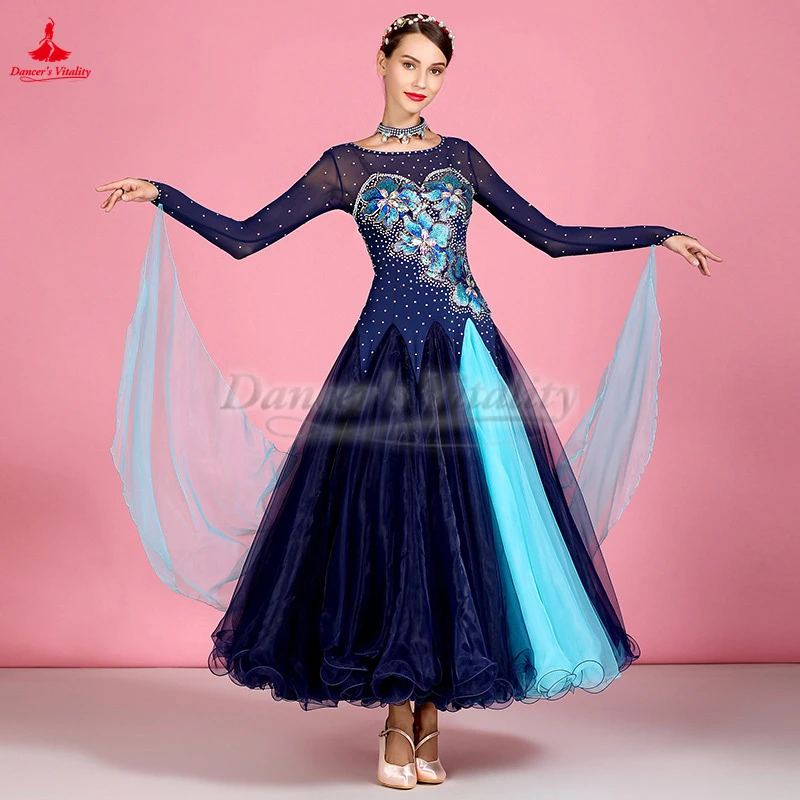 Dark Blue Hook Finger Long Sleeves Social Dance Perform Dresses Adult Waltz Foxtrot Quickstep Tango Contest Professional Clothes