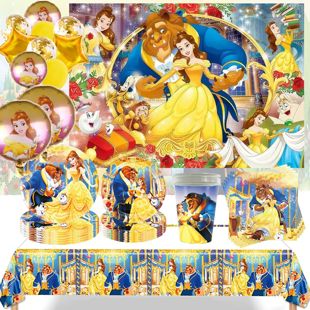 

Beauty And The Beast Birthday Party Decoration Backdrop Belle Princess Disposable Tableware Balloon Cup Plate Supplies Kids Gift