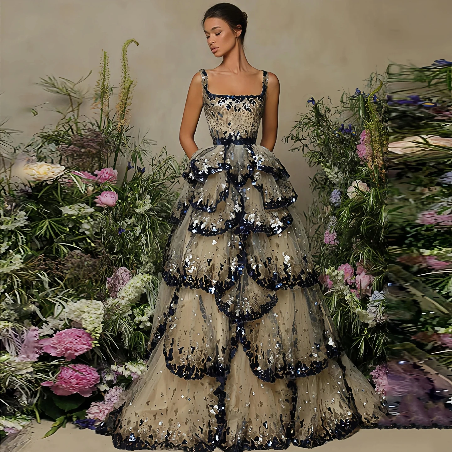 Black Champagne Sequin A-Line Evening Dress with Sweep Train