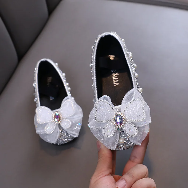 Girls Pearl Princess Shoes Student Spring Autumn New Children Glitter Bow Shoes Kids Wedding Party Leather Shoes J314