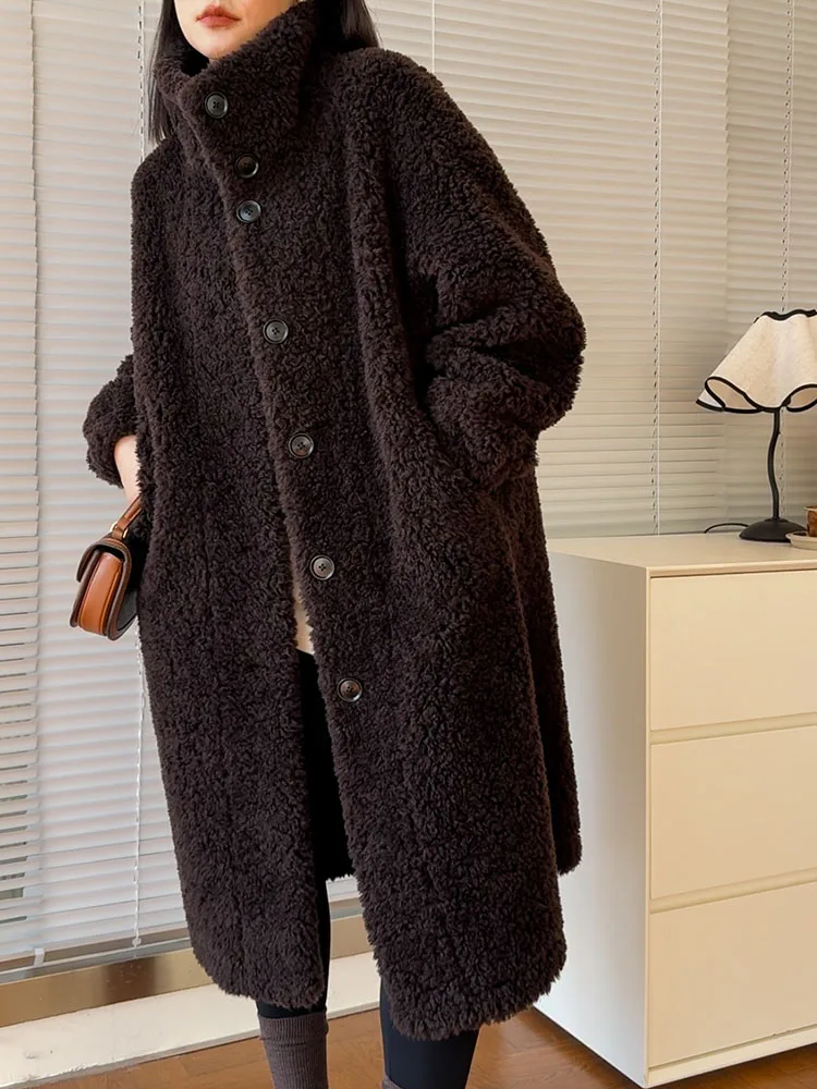 

Длинное пальто из овчины Thiened с воротником-стойкой, джемпер из натурального меха ягненка, женская верхняя одежда премиум-класса, зимнее теплое пальто