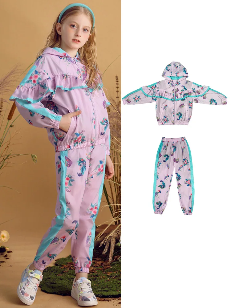 Girls Printed Two Piece Pant suit Long Sleeve Pleated Ruffles Casual Sweet Jacket and Trouser