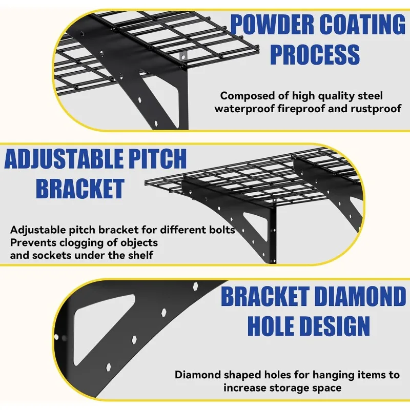 أرفف حائط للمرآب شديدة التحمل مكونة من 4 عبوات مقاس 36 بوصة × 24 بوصة (3 × 2 قدم) تخزين معدني مثبت على الحائط بسعة إجمالية 800 رطل، أسود #4