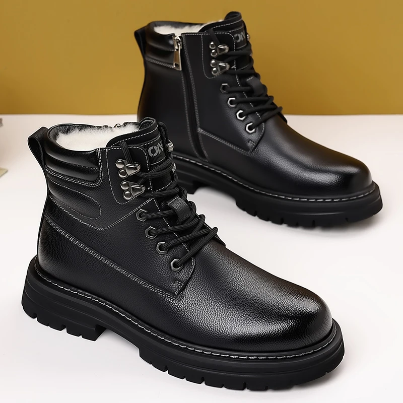 ファッション革メンズアンクルブーツ高品質カジュアルオートバイブーツ秋冬ハイトップ綿靴男抗スリップボタス
