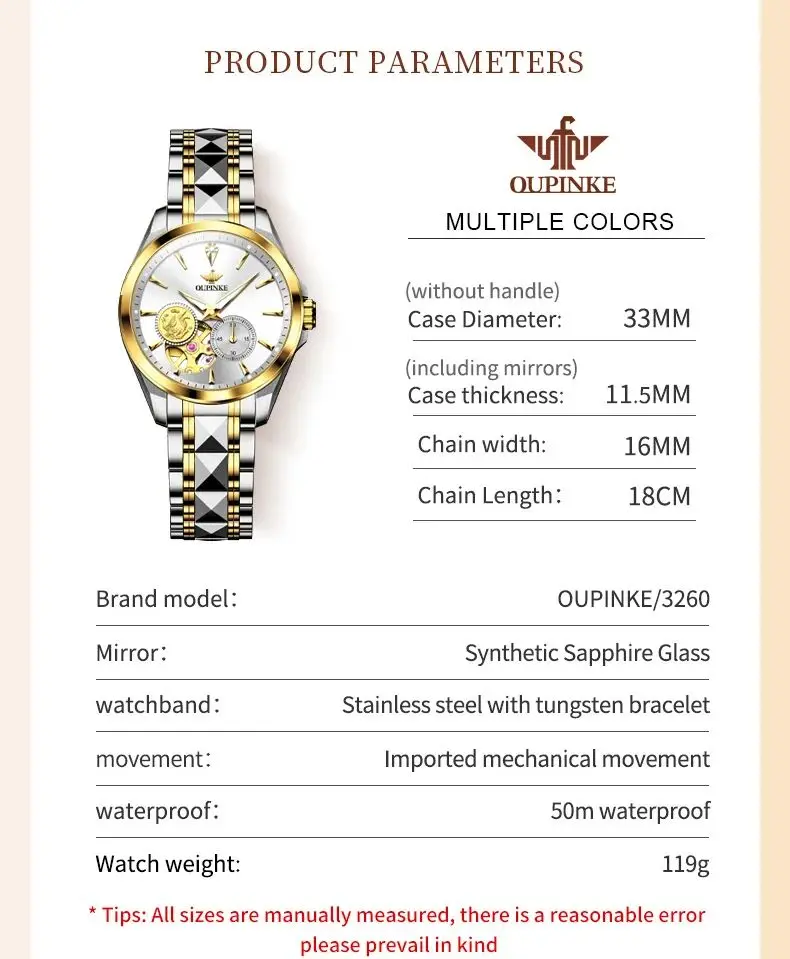 OUPINKE 3260 Real Diamond Mechanical Watch For Women Hollow Luxury Wristwatch Import Movement Waterproof Business Woman Watches