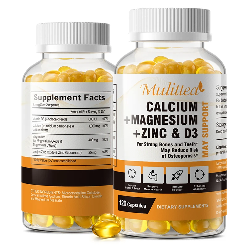 120 cápsulas de zinc y magnesio de calcio con suplemento nutricional de vitamina D3 para huesos y dientes fuertes | Corazón, Nervo