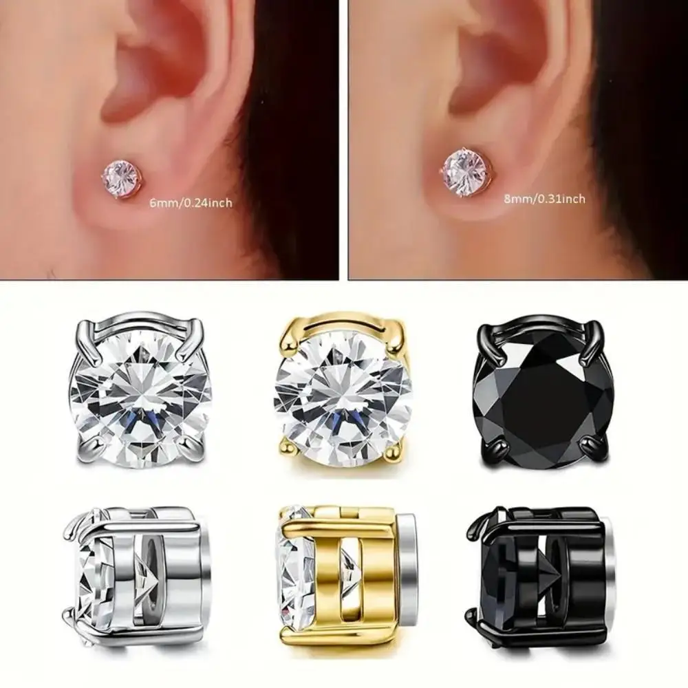 

2pcs Stainless Steel Non-Piercing Magnetic Stud Earrings Set Clip-On Ear Studs with Synthetic Zirconia Ear Jewelry 6mm 8mm