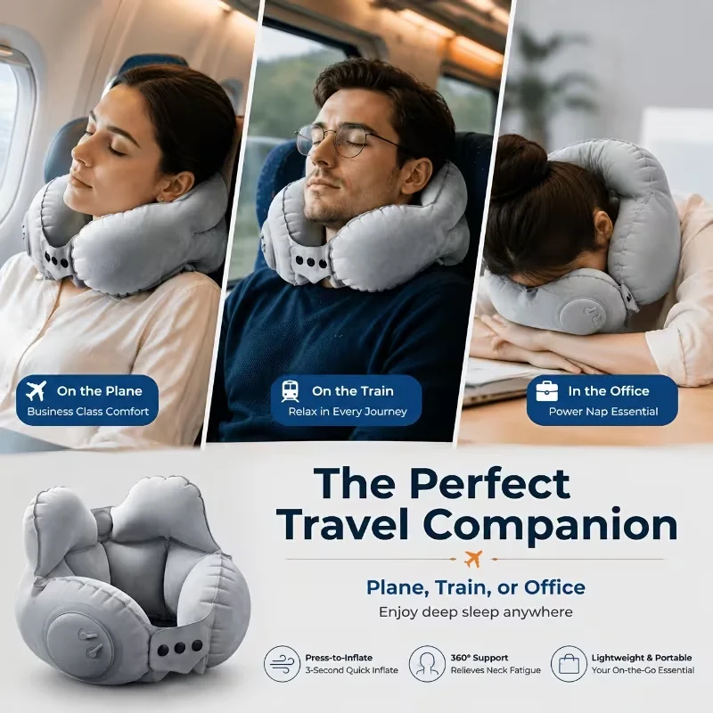 New Inflatable U-Shaped Portable Travel Pillow, Ideal For Sleeping On Long-Haul Flights High-Speed Trains, Prevents Strain And