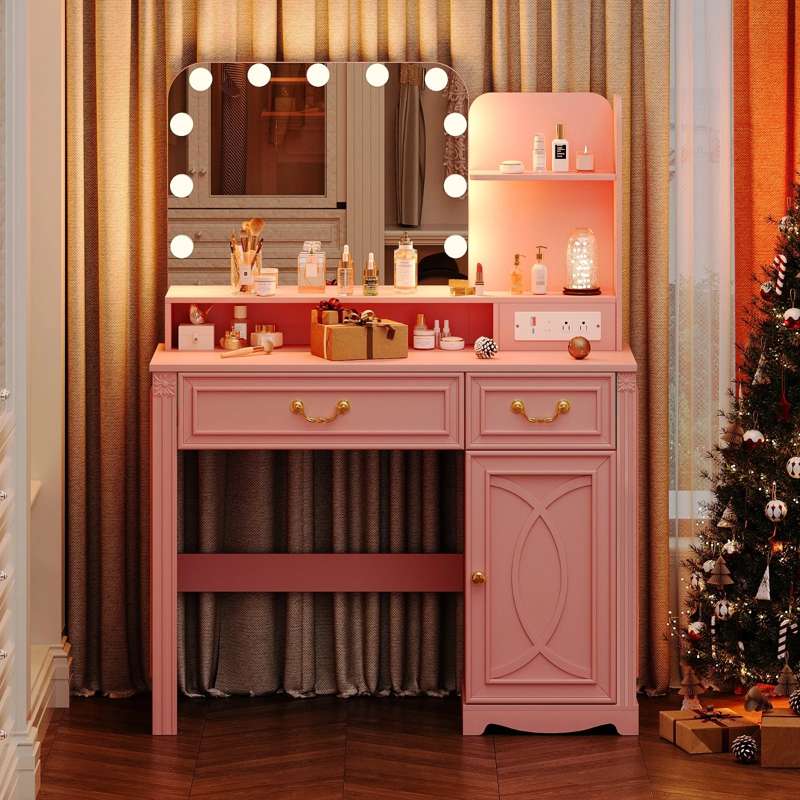 Tocador de maquillaje Escritorio de tocador con toma de corriente de espejo LED y 2 cajones Mesa de maquillaje moderna para organización de belleza