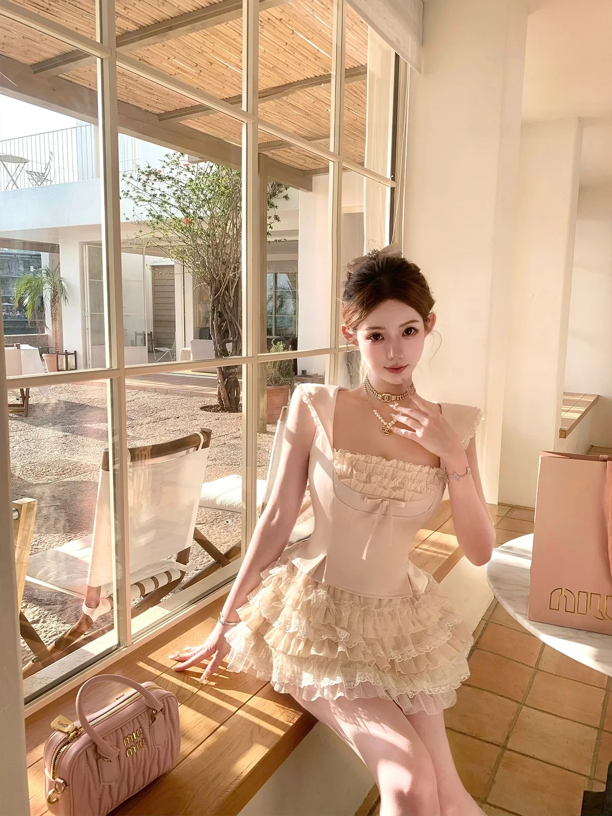 

years Summer Sweetn Pearl ell Kiss Satin Fabric Peaches And Cr Top Women's Vest Gentle Sle Faion Element Tie